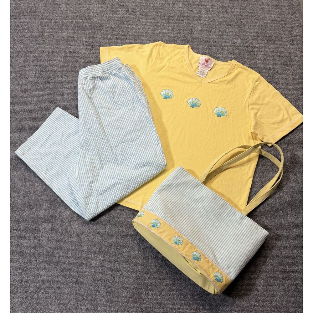 Quacker Factory Womens M 3 Piece Set Yellow Shell Embroidered Seersucker Bag